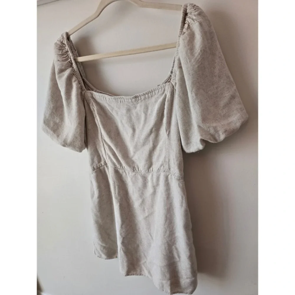 Abercrombie & Fitch Mini Dress Square‎ Neck Puff Sleeve Smocked Beige XL - Picture 4 of 11